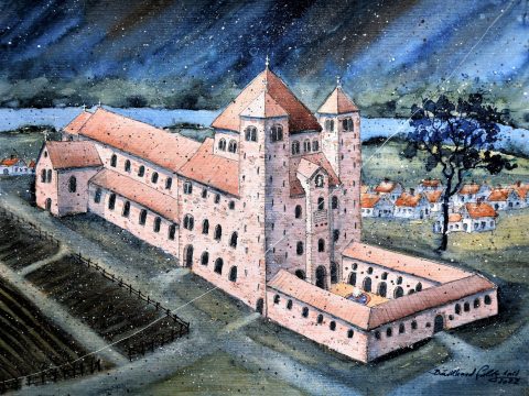 Dieses Motiv, entstanden zum 1200-jährigen Bestehen der ehemaligen Benediktinerabtei Corvey 2022, zeigt das Westwerk mit Atrium und die karolingische Basilika.