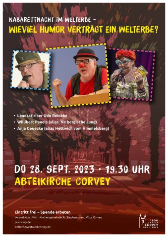 Die Kabarettnacht im Welterbe setzt humoristische Akzente im Jubiläumsjahr "1200 Jahre Corvey". Die drei Künstler werden die Lachmuskeln der Gäste strapazieren.