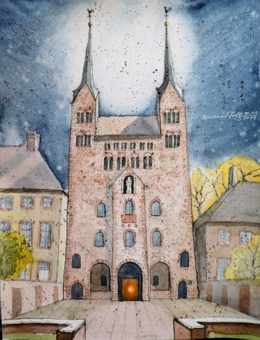 Die Doppelturmfassade des Westwerks ist das Gesicht der Welterbestätte. Burkhard Foltz ist immer wieder beeindruckt und verbindet mit Corvey auch viele Erinnerungen. Aquarelle und Fotos; Burkhard Foltz
