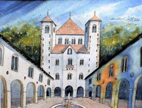 So stellt sich der Aquarellkünstler Burkhard Foltz das Westwerk Corvey mit vorgelagertem Atrium im Jahr 885 vor. Der Westbau ist in den jahren 873 bis 885 errichtet worden und gehört heute zum Welterbe der Menschheit.