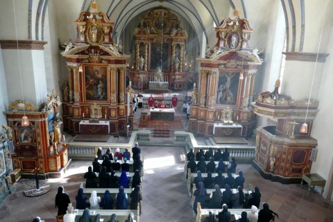 Blick von der Orgelempore in die Kirche: Die Ordenschristen hatten sich zur Eucharistiefeier mit Weihbischof Matthias König versammelt. 